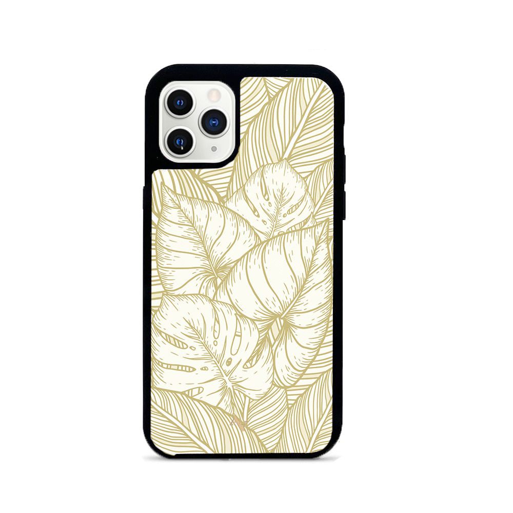 MAAD Tropical Plants iPhone 11 Pro leather case in genuine saffiano leather with a soft rubber rim, featuring customizable monogram options.